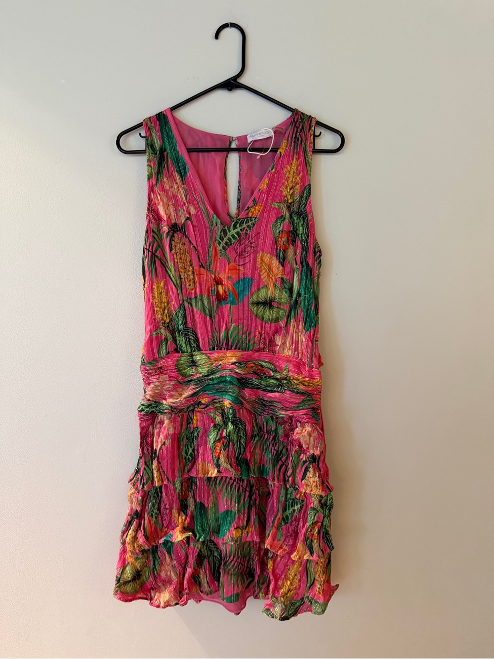 Ramy Brook Vibrant Pink Floral Tiered V-Neck Dress Sparkle Tropical vacation